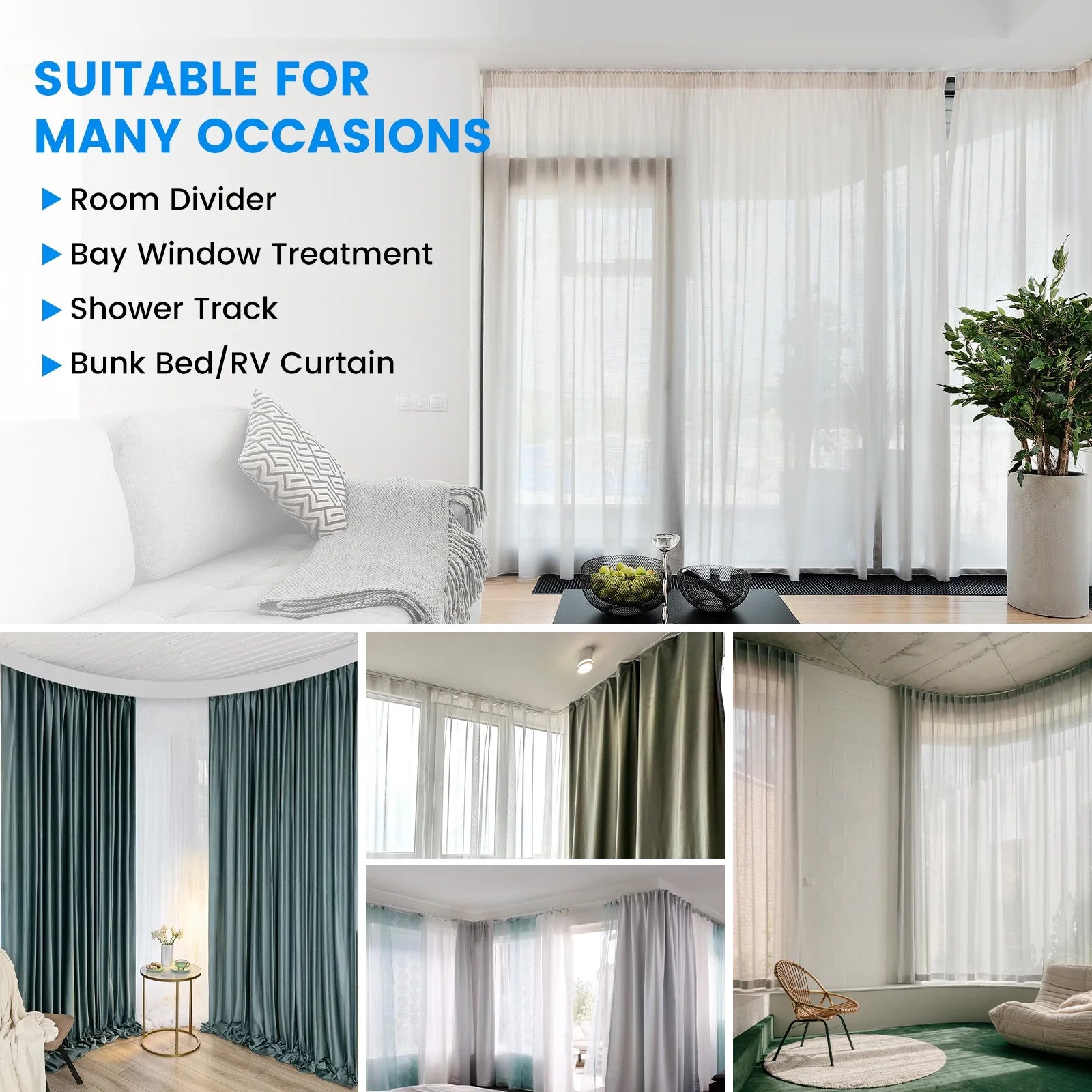 Curved Ceiling Curtain Track, 5Meter/16.4Ft Flexible Bendable Mount Curtain Rail System for Room Windows Bathroom Divider