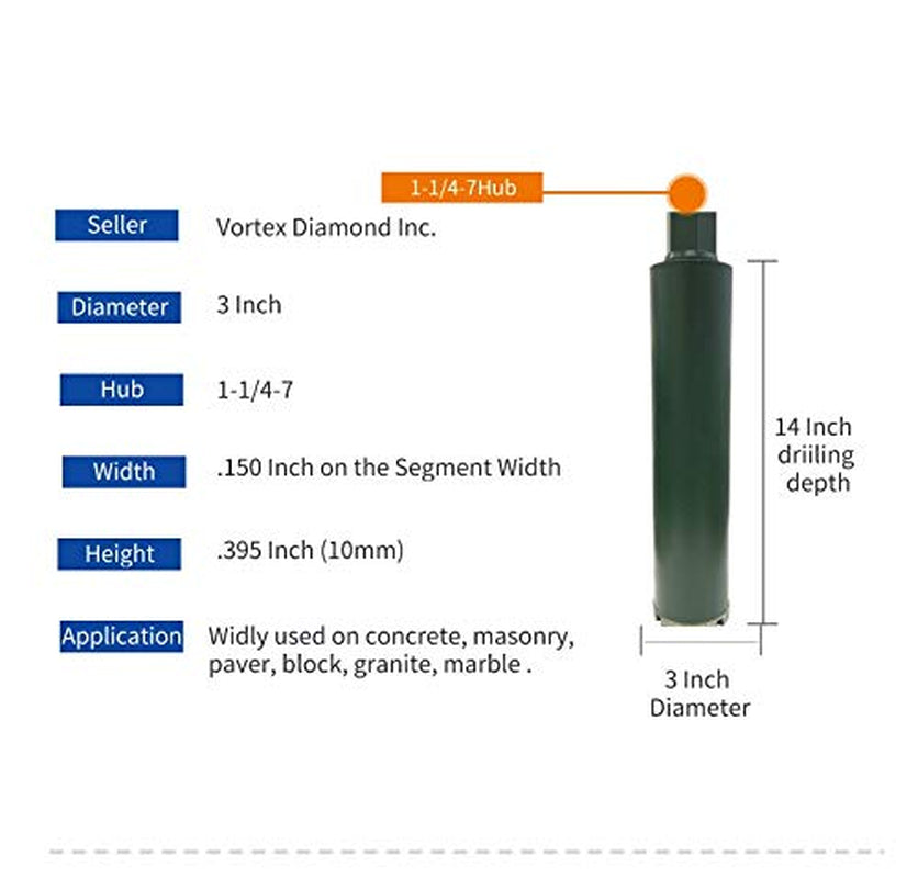 VCB 3 Inch Wet Concrete Diamond Core Drill Bit for Concrete Stone Granite Marble (3")