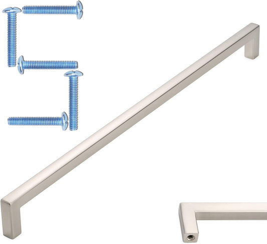 Solid Square Bar Cabinet Handle - Brushed Nickel Furniture Pull, 12.6 Inch/320Mm Screwhole Distance, Pack of 5 for Kitchen Cupboard Door, Bedroom Dresser Drawer, Bathroom Wardrobe Hardware