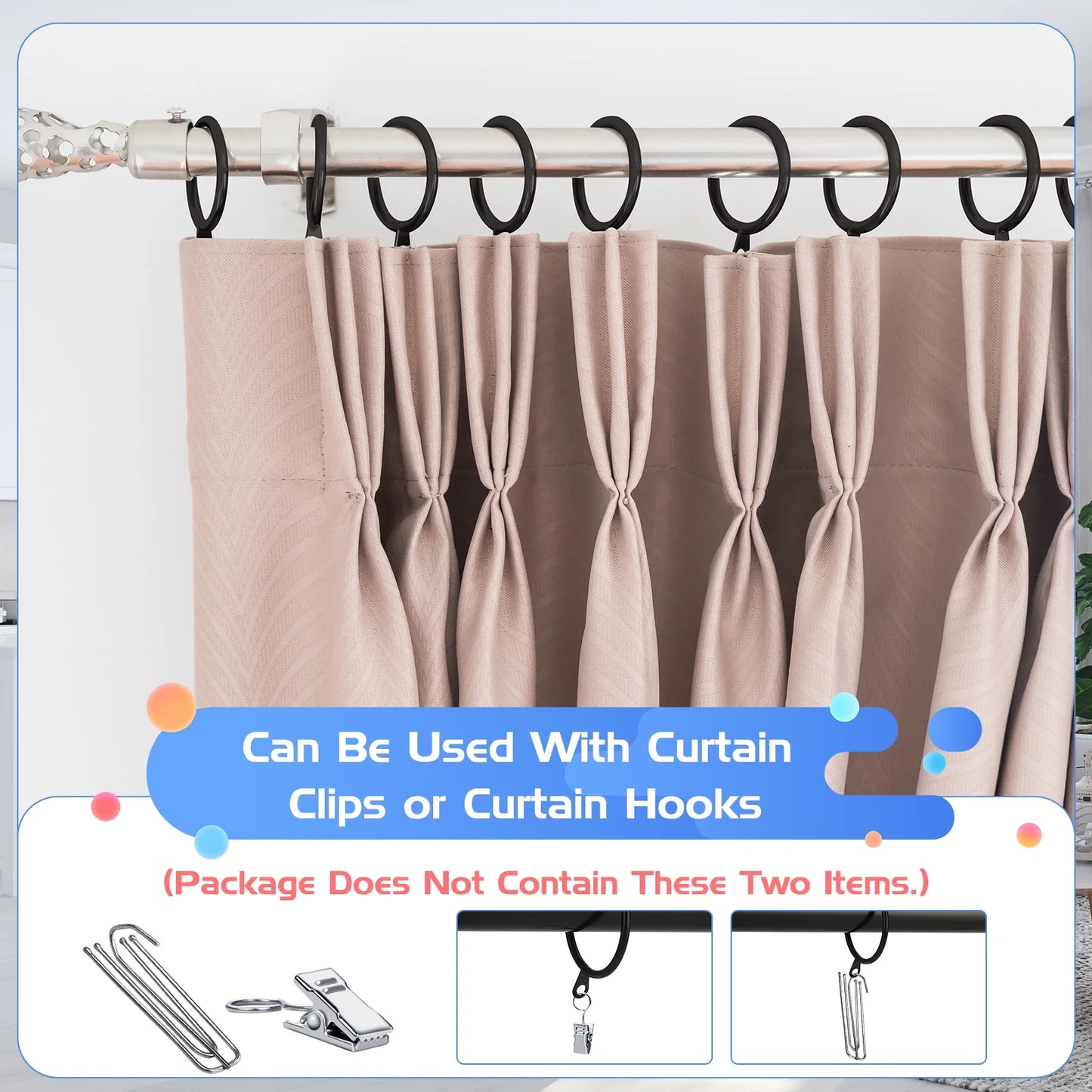 44 Pack Metal Drapery Curtain Rings, 1.75 Inch Inner Diameter, Heavy Duty Rustproof Metal Drapery Rings with Pinch Pleat Curtain Hooks, Decorative Clips Rings Fits up to 1.5" Rods