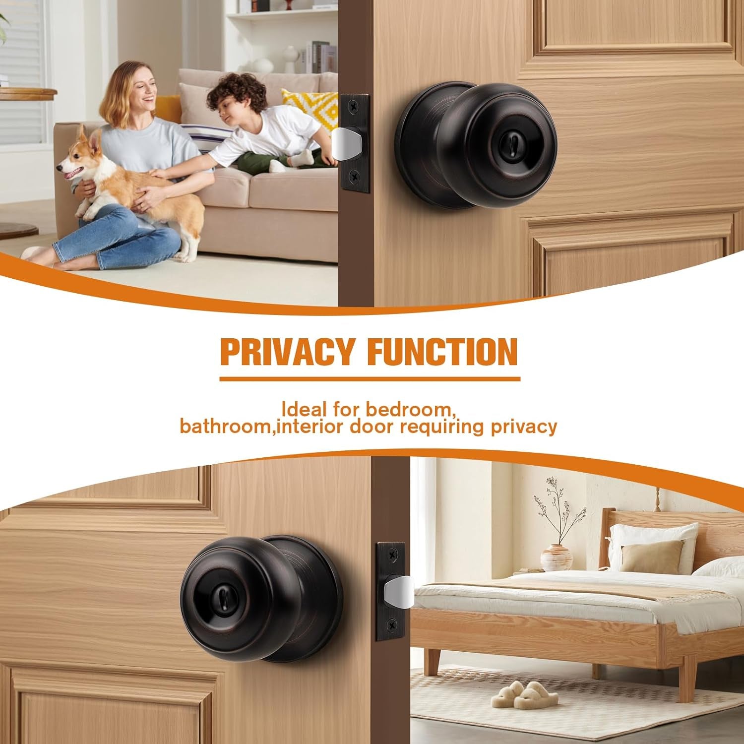 Flat Ball Door Knob Interior Oil Rubbed Bronze Door Knobs for Bedroom Bathroom with Privacy Function inside Door Handles without Key 2 Pack